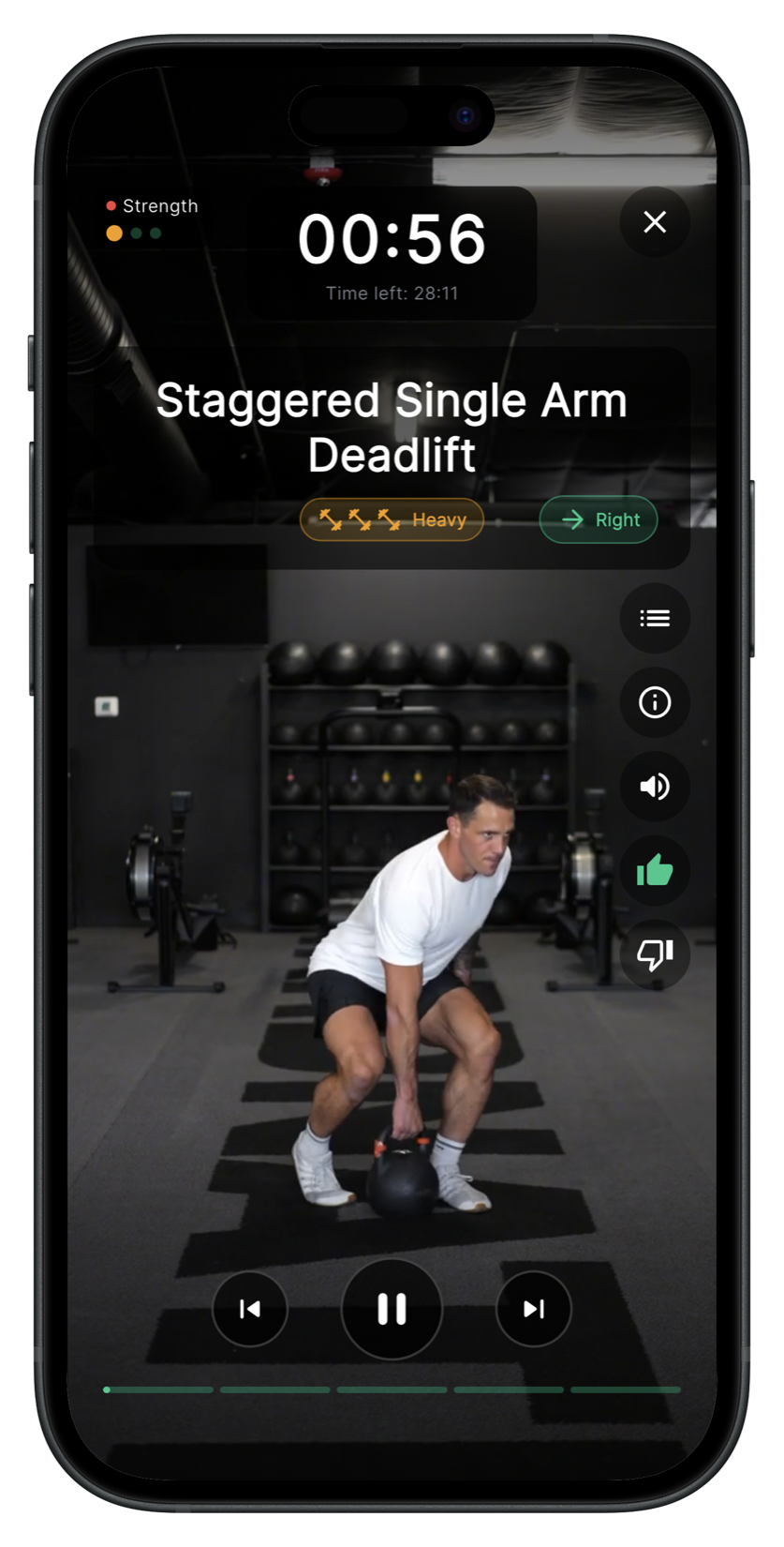 Swyng follow-along video of a staggered single arm deadlift with timer and weight guidance