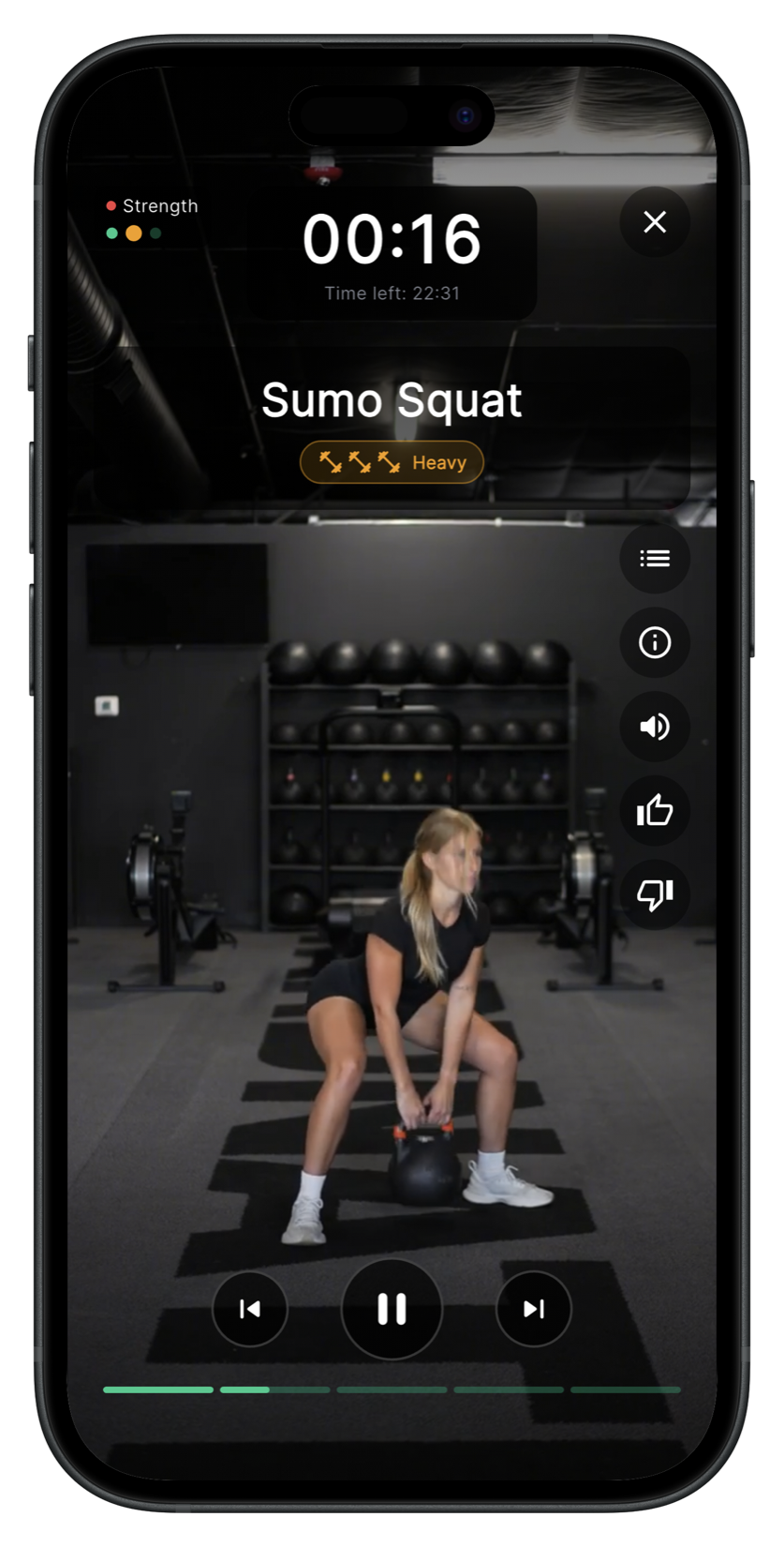 Swyng follow-along video of a kettlebell sumo squat with timer and weight guidance