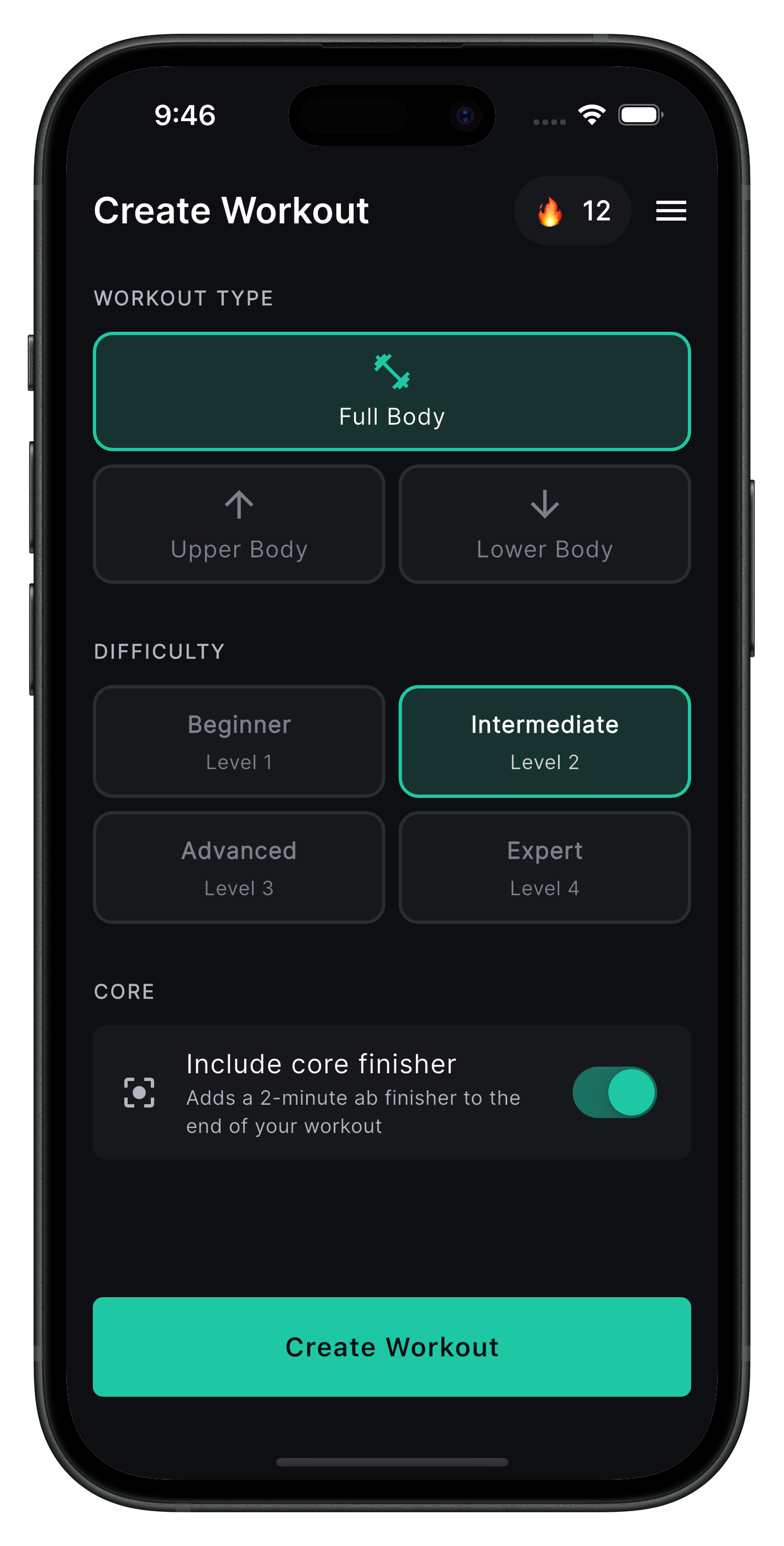 Swyng create workout screen