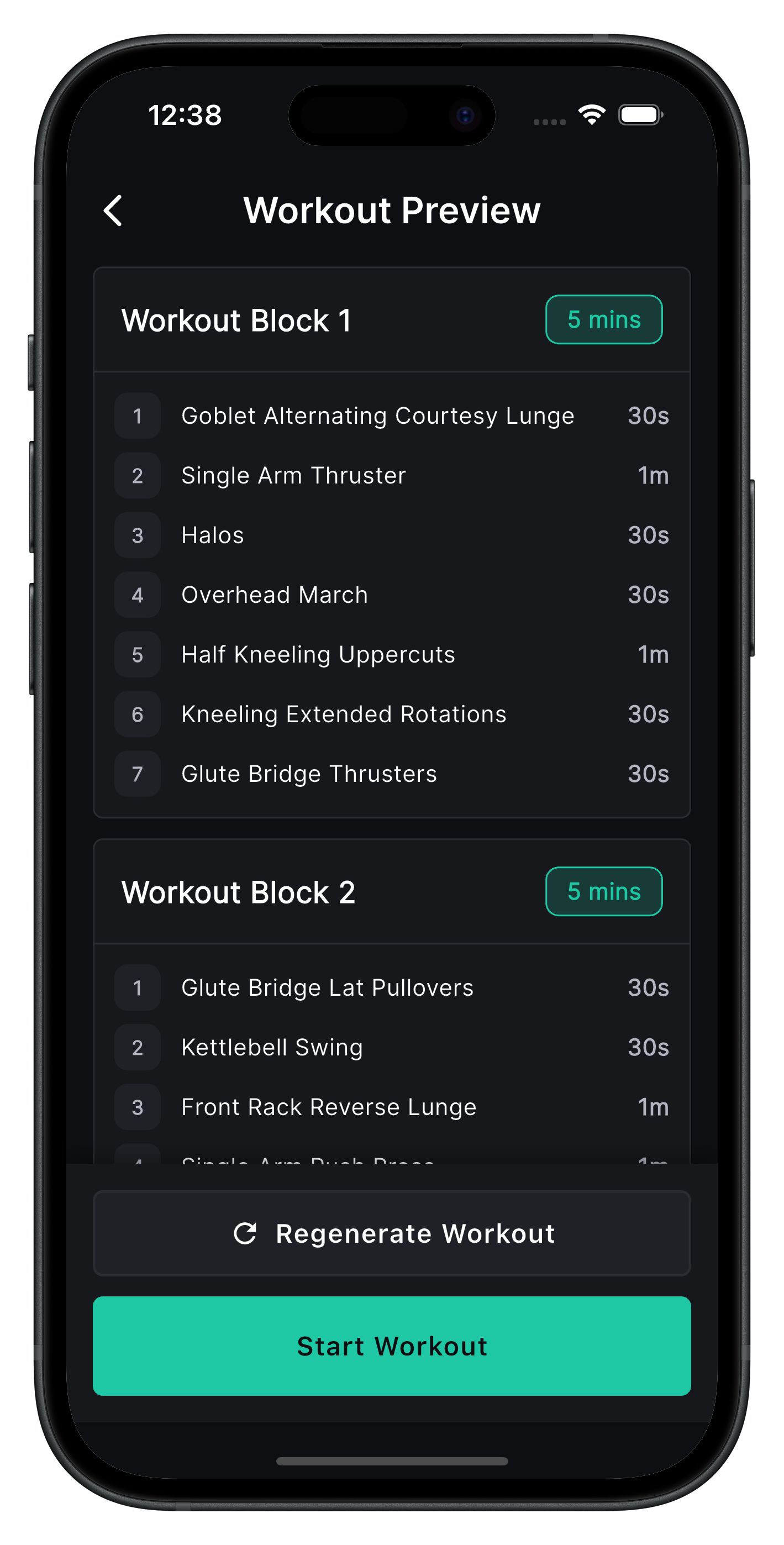 Swyng workout preview screen showing workout blocks, exercises, and timings